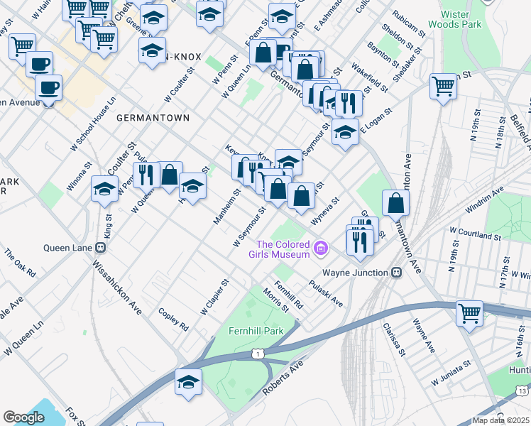 map of restaurants, bars, coffee shops, grocery stores, and more near 218 West Seymour Street in Philadelphia