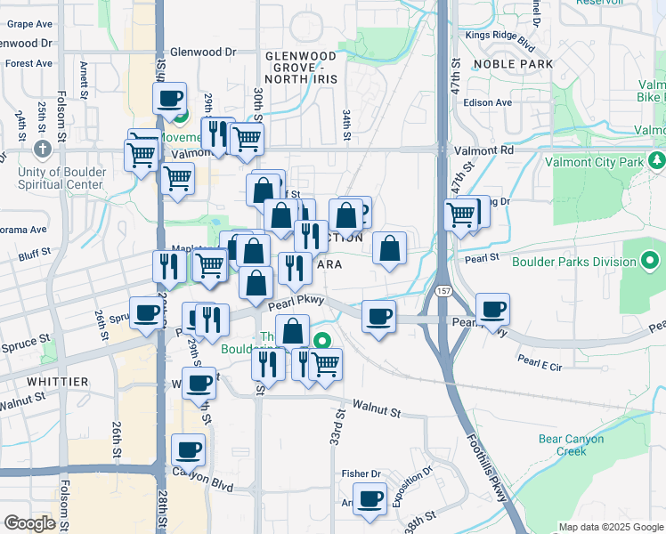 map of restaurants, bars, coffee shops, grocery stores, and more near 3203 Pearl Street in Boulder