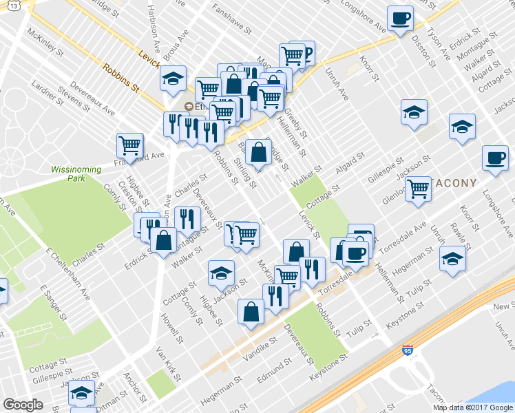 map of restaurants, bars, coffee shops, grocery stores, and more near 4241 Robbins Street in Philadelphia