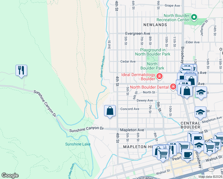 map of restaurants, bars, coffee shops, grocery stores, and more near 2659 Dakota Place in Boulder