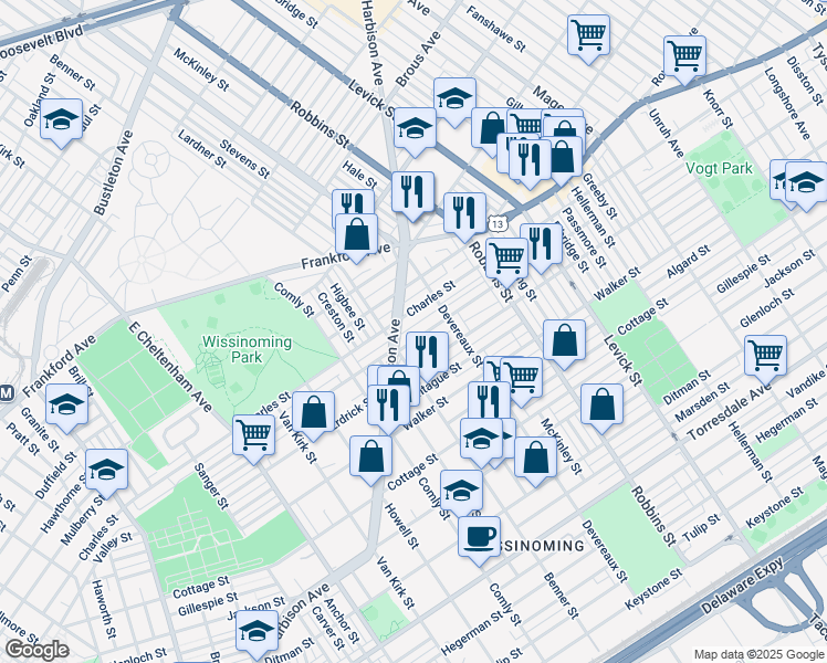 map of restaurants, bars, coffee shops, grocery stores, and more near 6128 Tackawanna Street in Philadelphia