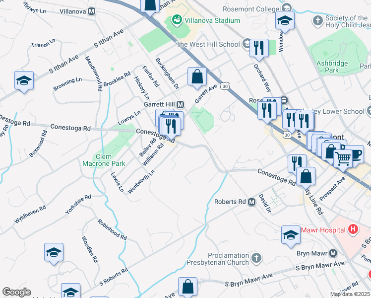 map of restaurants, bars, coffee shops, grocery stores, and more near 926 Conestoga Road in Bryn Mawr