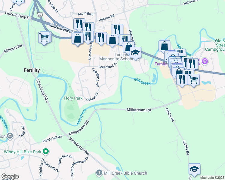 map of restaurants, bars, coffee shops, grocery stores, and more near 451 Coreopsis Drive in Lancaster