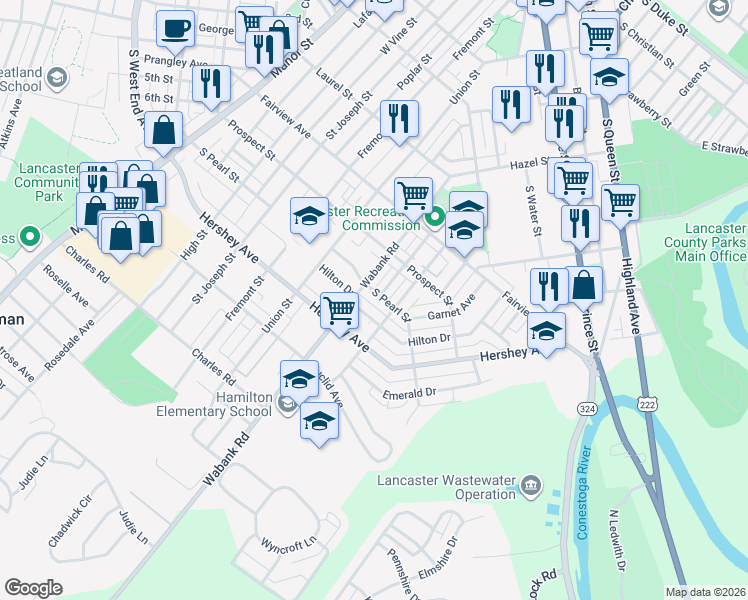 map of restaurants, bars, coffee shops, grocery stores, and more near 1019 Hager Street in Lancaster