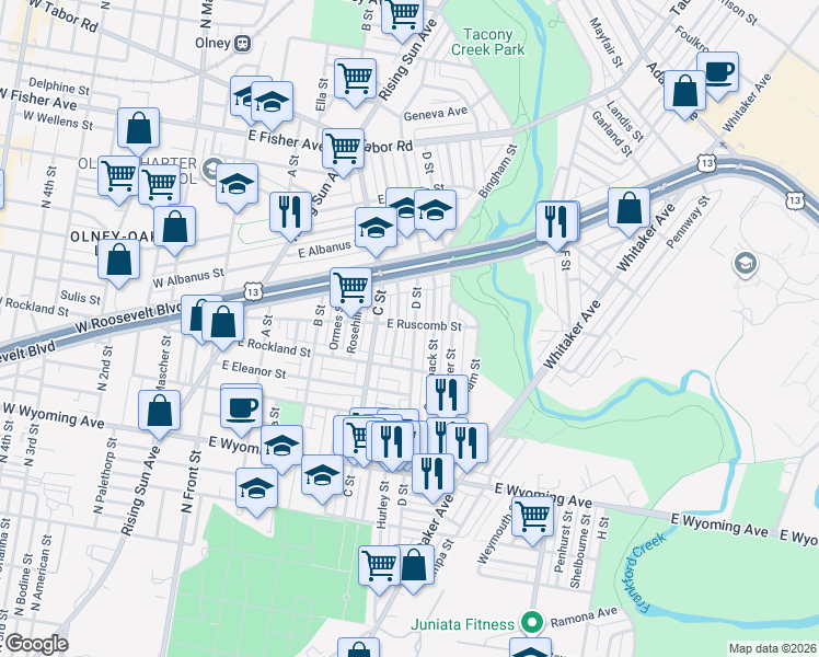 map of restaurants, bars, coffee shops, grocery stores, and more near 4939 D Street in Philadelphia
