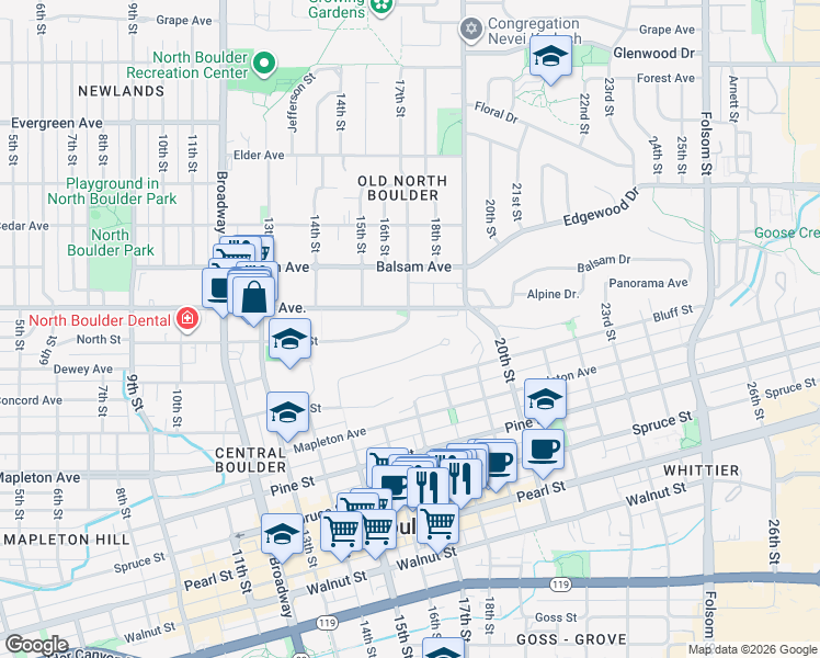 map of restaurants, bars, coffee shops, grocery stores, and more near 1725 Sunset Boulevard in Boulder