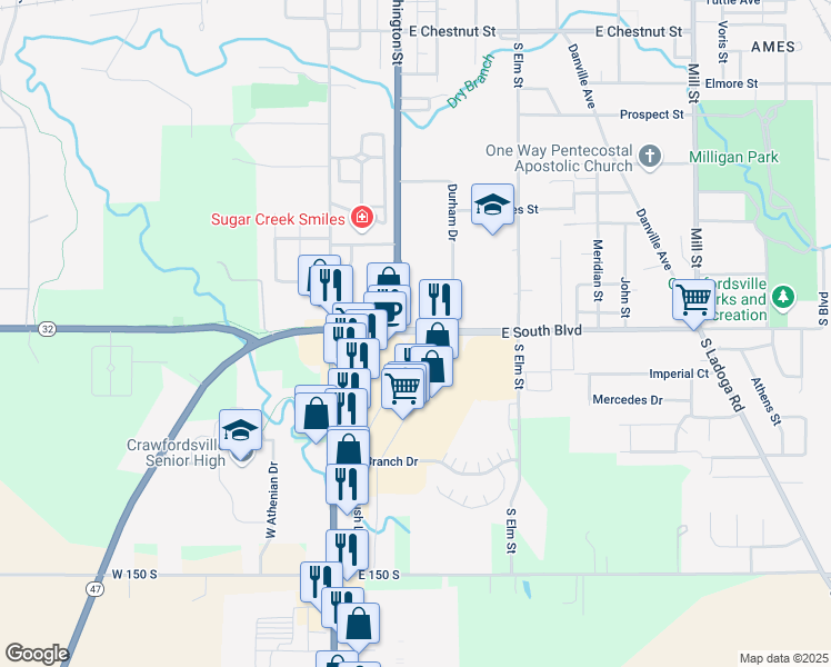 map of restaurants, bars, coffee shops, grocery stores, and more near 1660 Crawfordsville Square Drive in Crawfordsville