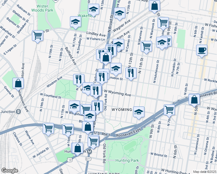 map of restaurants, bars, coffee shops, grocery stores, and more near 4713 Old York Road in Philadelphia