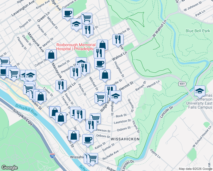 map of restaurants, bars, coffee shops, grocery stores, and more near 476 Seville Street in Philadelphia