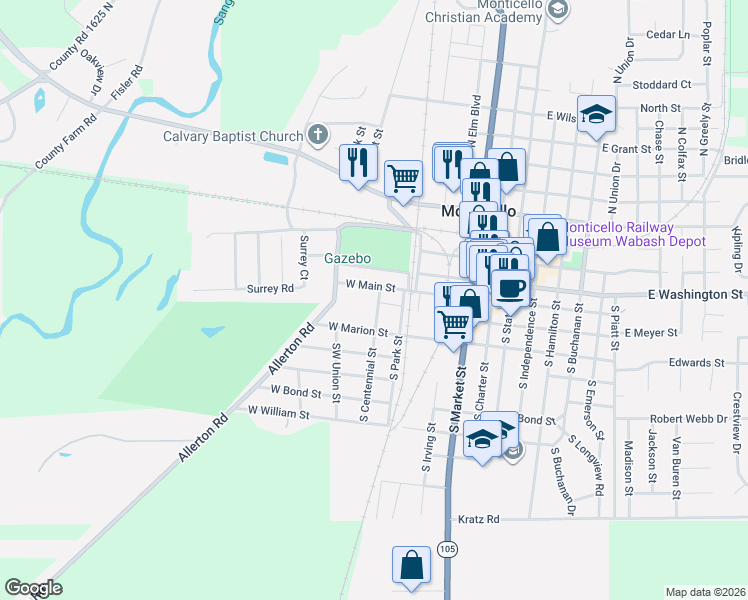 map of restaurants, bars, coffee shops, grocery stores, and more near 212 South Centennial Street in Monticello