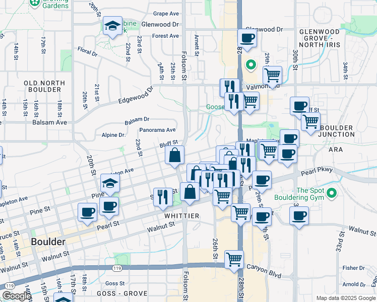map of restaurants, bars, coffee shops, grocery stores, and more near 2552 Mapleton Avenue in Boulder