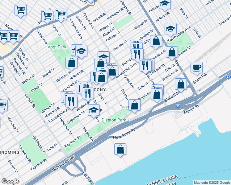 map of restaurants, bars, coffee shops, grocery stores, and more near 4815 Longshore Avenue in Philadelphia