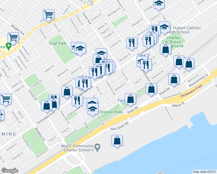 map of restaurants, bars, coffee shops, grocery stores, and more near 4815 Longshore Avenue in Philadelphia
