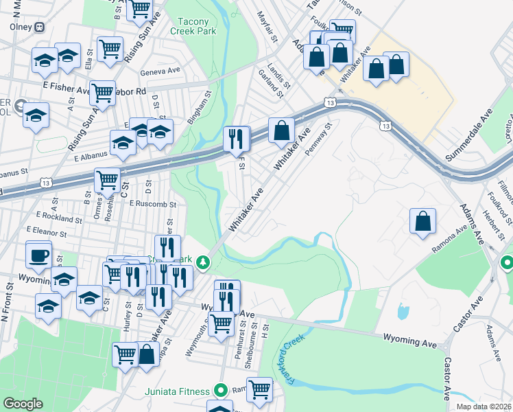 map of restaurants, bars, coffee shops, grocery stores, and more near 4977 Whitaker Avenue in Philadelphia