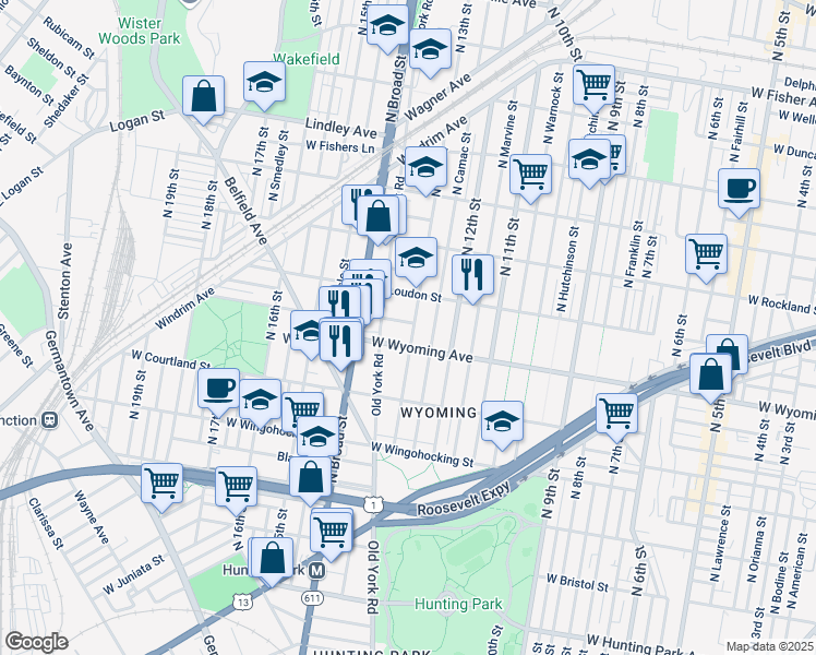 map of restaurants, bars, coffee shops, grocery stores, and more near 4701 North 13th Street in Philadelphia
