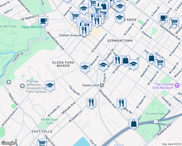 map of restaurants, bars, coffee shops, grocery stores, and more near 5401 Wissahickon Avenue in Philadelphia