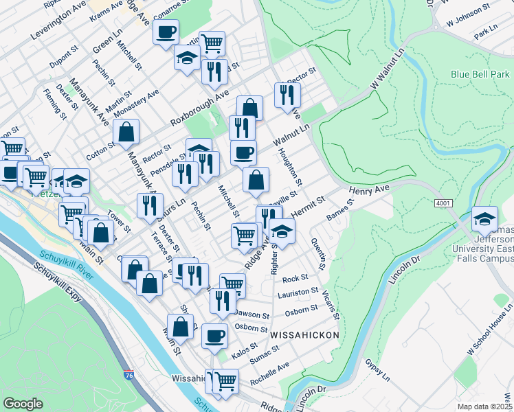 map of restaurants, bars, coffee shops, grocery stores, and more near 476 Seville Street in Philadelphia