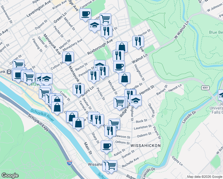 map of restaurants, bars, coffee shops, grocery stores, and more near 455 Markle Street in Philadelphia
