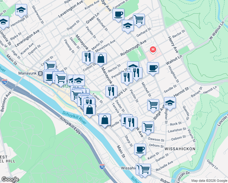 map of restaurants, bars, coffee shops, grocery stores, and more near 210 Shurs Lane in Philadelphia