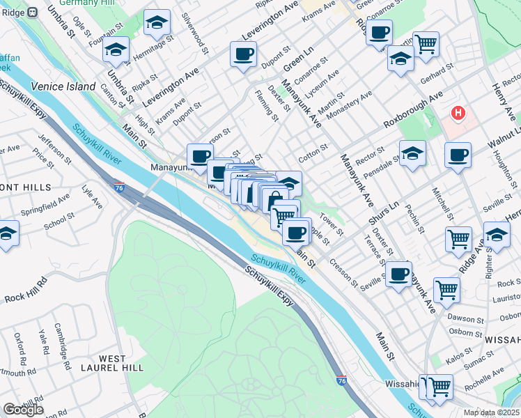 map of restaurants, bars, coffee shops, grocery stores, and more near 4313-17 Main Street in Philadelphia