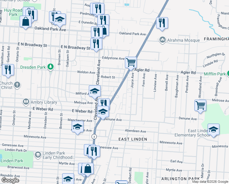 map of restaurants, bars, coffee shops, grocery stores, and more near 2782 Columbus-Wooster Road in Columbus