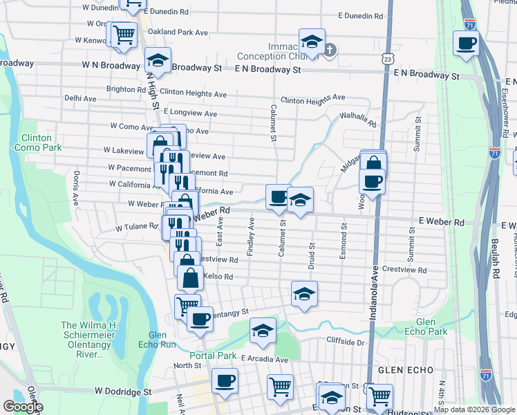 map of restaurants, bars, coffee shops, grocery stores, and more near 191 East Weber Road in Columbus