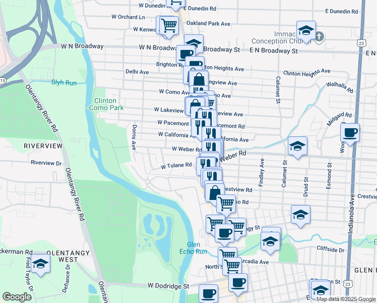 map of restaurants, bars, coffee shops, grocery stores, and more near 76 West Tulane Road in Columbus