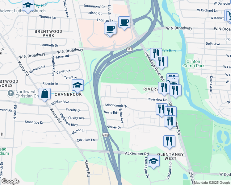 map of restaurants, bars, coffee shops, grocery stores, and more near 770 Riverview Drive in Columbus