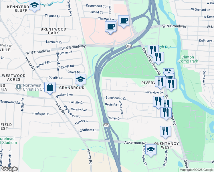 map of restaurants, bars, coffee shops, grocery stores, and more near 820 Riverview Drive in Columbus