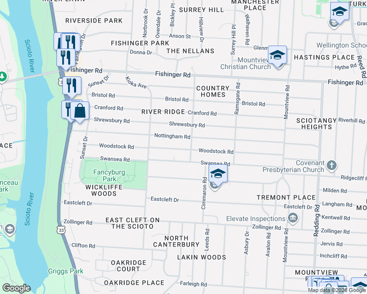map of restaurants, bars, coffee shops, grocery stores, and more near 2529 Woodstock Road in Columbus