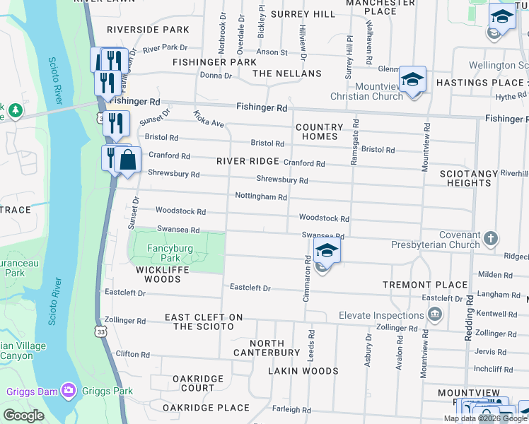 map of restaurants, bars, coffee shops, grocery stores, and more near 2529 Woodstock Road in Columbus