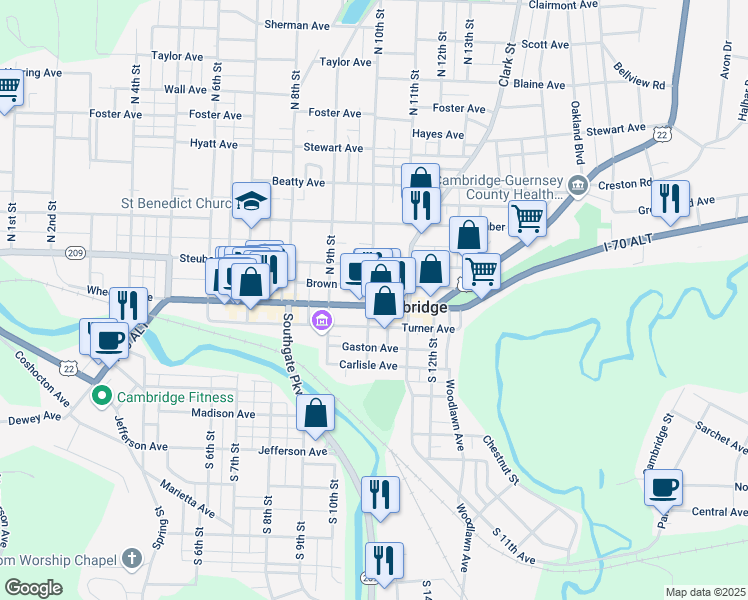 map of restaurants, bars, coffee shops, grocery stores, and more near 1005 Wheeling Avenue in Cambridge