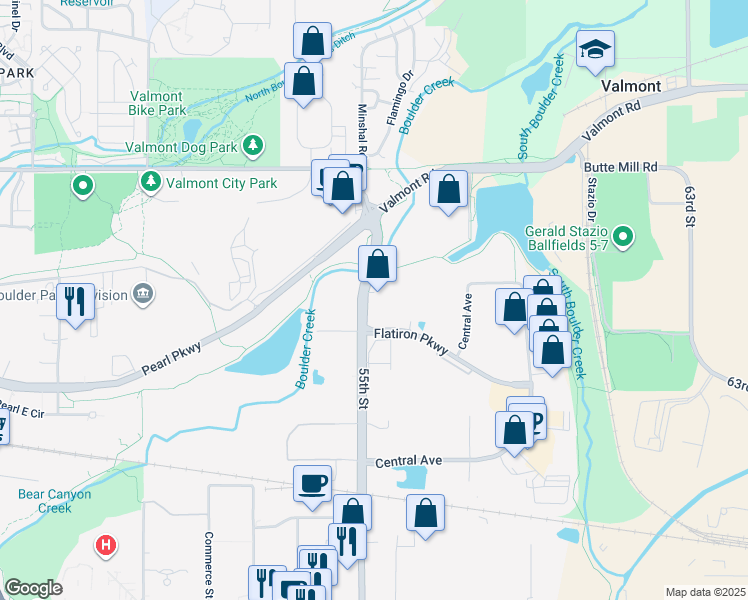 map of restaurants, bars, coffee shops, grocery stores, and more near 2500-2570 55th St in Boulder