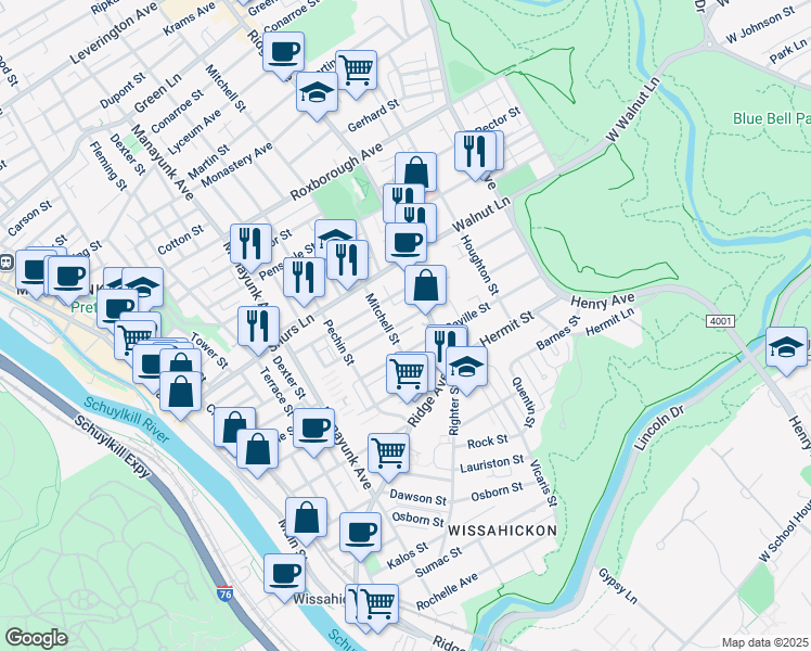 map of restaurants, bars, coffee shops, grocery stores, and more near 481 Markle Street in Philadelphia
