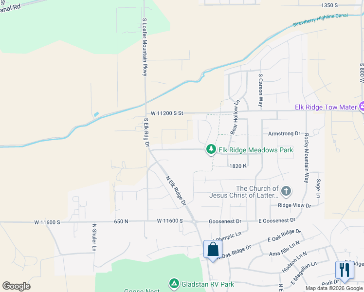 map of restaurants, bars, coffee shops, grocery stores, and more near 394 Sky Hawk Way in Elk Ridge
