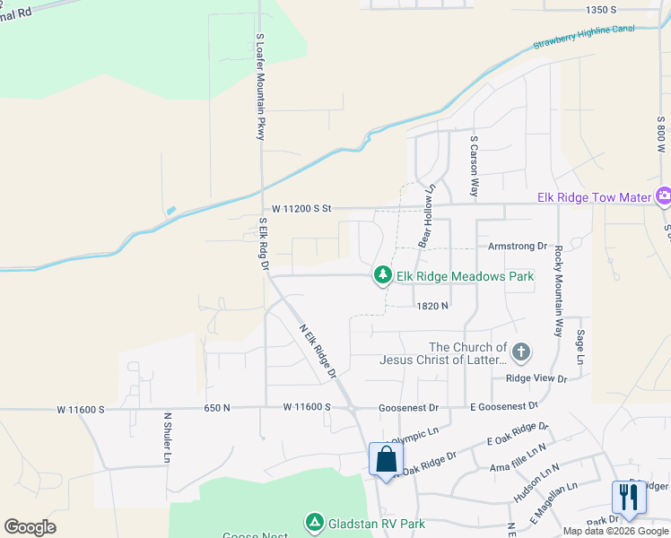 map of restaurants, bars, coffee shops, grocery stores, and more near 394 Sky Hawk Way in Elk Ridge