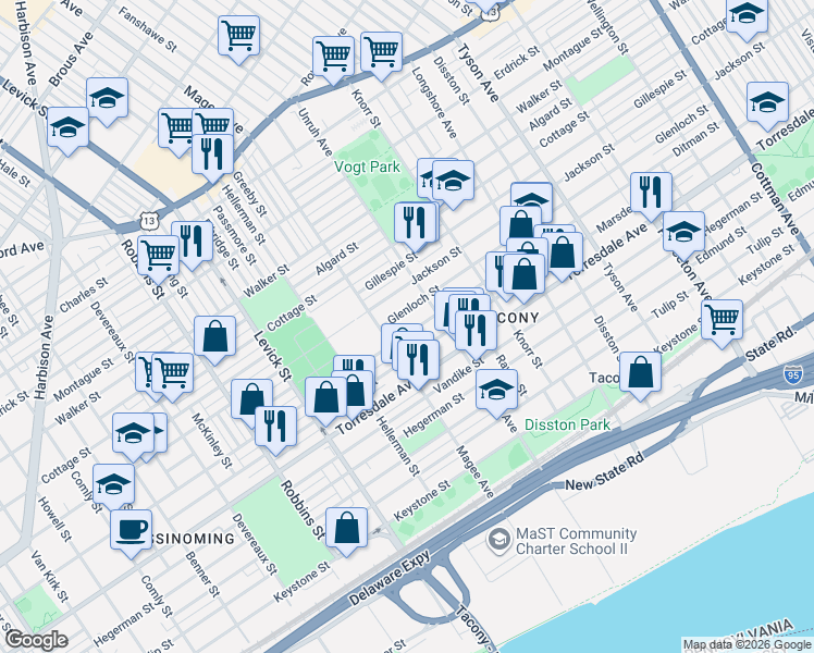 map of restaurants, bars, coffee shops, grocery stores, and more near 6618 Marsden Street in Philadelphia