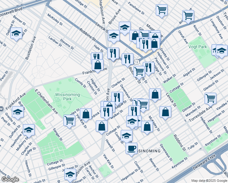 map of restaurants, bars, coffee shops, grocery stores, and more near 6130 Tackawanna Street in Philadelphia