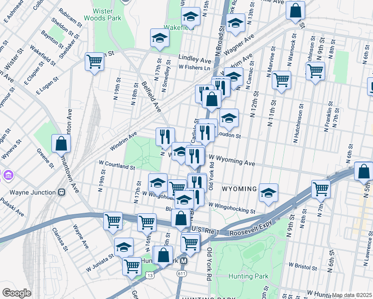 map of restaurants, bars, coffee shops, grocery stores, and more near 1431 West Wyoming Avenue in Philadelphia