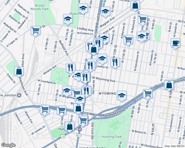 map of restaurants, bars, coffee shops, grocery stores, and more near 4712 Old York Road in Philadelphia