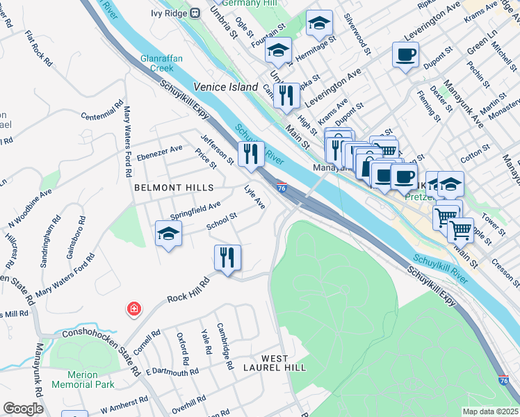 map of restaurants, bars, coffee shops, grocery stores, and more near 100 School Street in Bala Cynwyd
