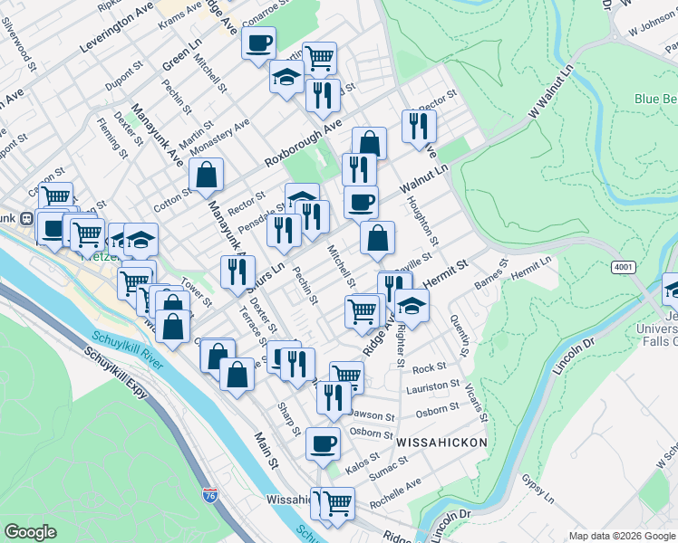 map of restaurants, bars, coffee shops, grocery stores, and more near 455 Markle Street in Philadelphia