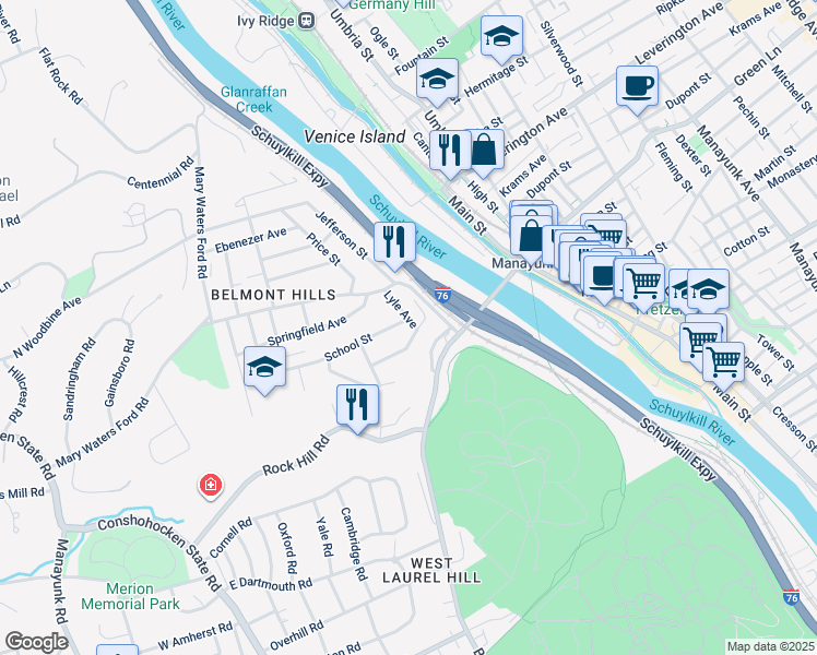 map of restaurants, bars, coffee shops, grocery stores, and more near 100 School Street in Bala Cynwyd