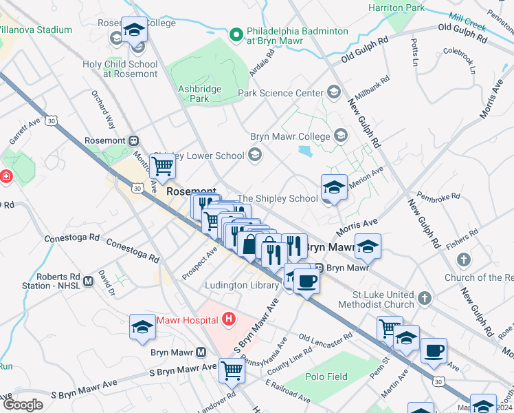 map of restaurants, bars, coffee shops, grocery stores, and more near 900 Montgomery Avenue in Bryn Mawr