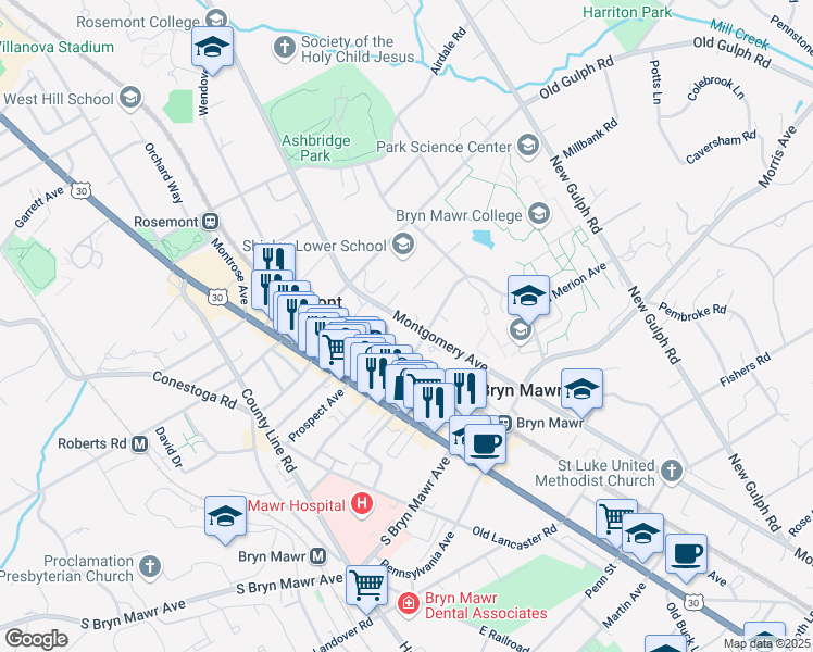 map of restaurants, bars, coffee shops, grocery stores, and more near 922 Montgomery Avenue in Bryn Mawr