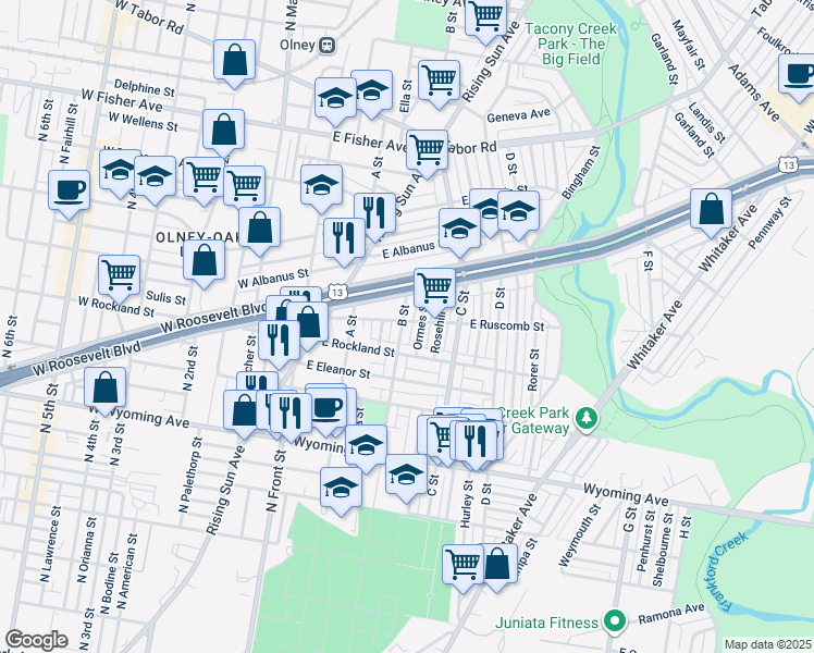 map of restaurants, bars, coffee shops, grocery stores, and more near 4939 B Street in Philadelphia