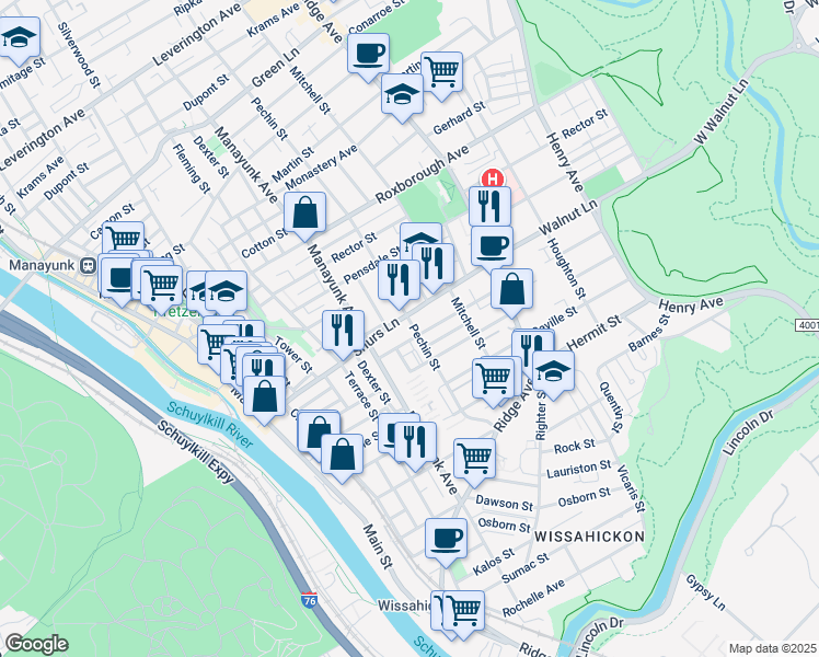 map of restaurants, bars, coffee shops, grocery stores, and more near 4086 Pechin Street in Philadelphia
