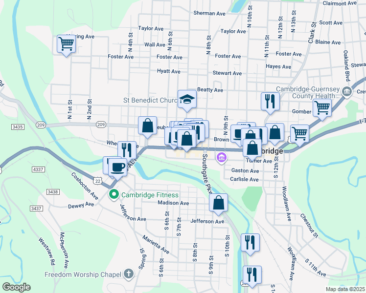 map of restaurants, bars, coffee shops, grocery stores, and more near 626 Wheeling Avenue in Cambridge