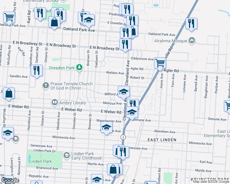 map of restaurants, bars, coffee shops, grocery stores, and more near 2804 Greenwich Street in Columbus
