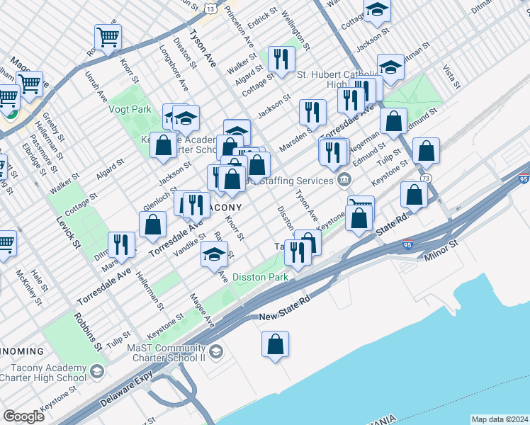 map of restaurants, bars, coffee shops, grocery stores, and more near 4801 Longshore Avenue in Philadelphia